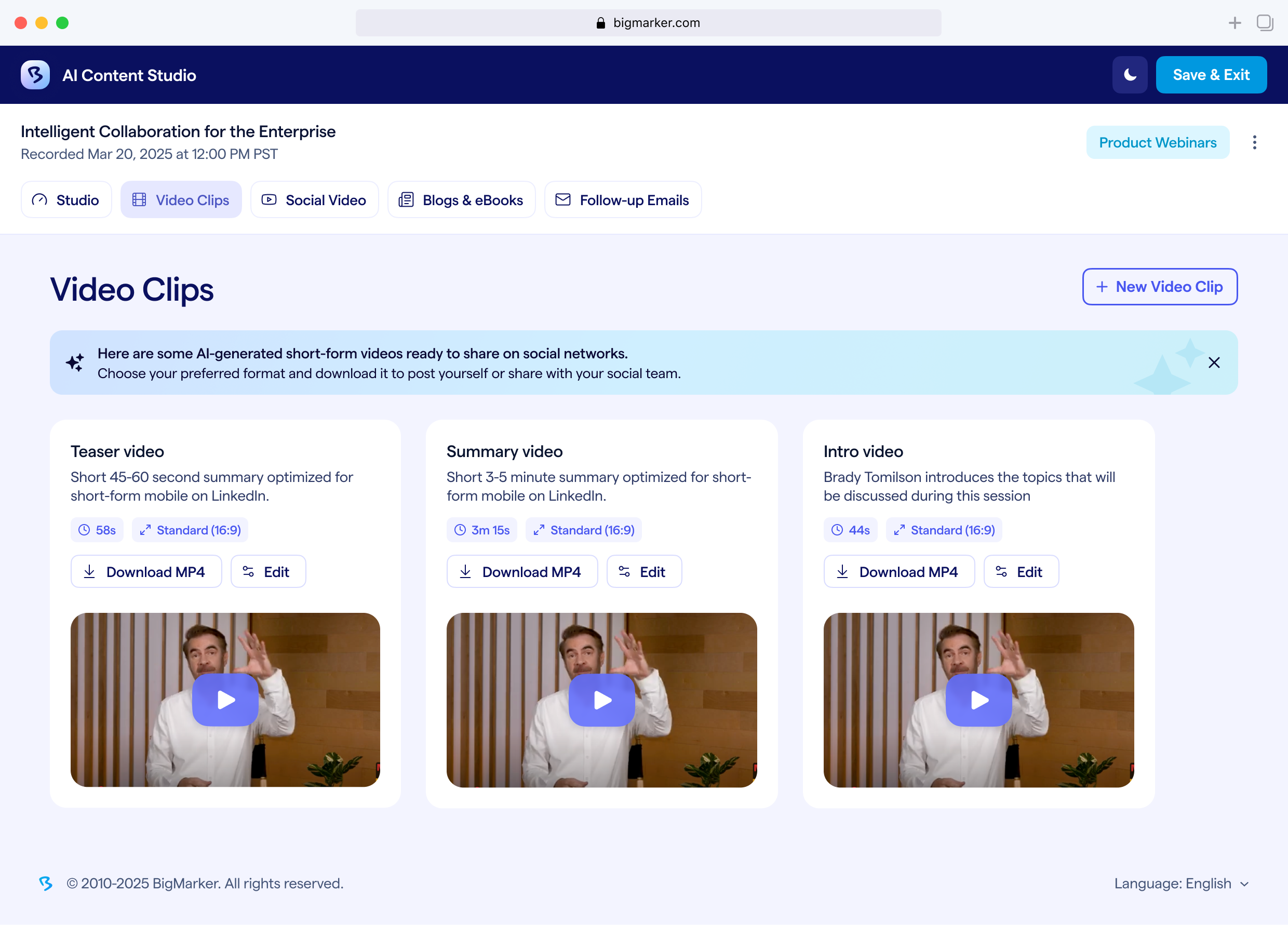 AI Content Studio - Video Clips interface